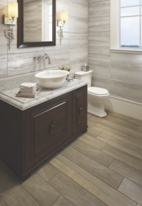San Giulio ceramic tile offers a striking stone movement in four matte colors and 12” x 12” matching mosaic sheets. Field tile is 16” x 16” and 12” x 24”.
