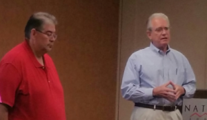 JT Baca (l.) and Pat McMurray from the NM Construction Industries Division, Regulation and Licensing Department, were on hand to update the group about measures to reestablish the NM tile setter license and learning more about the trade, what it does, and its products.