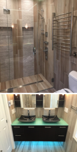 This project entailed a curbless shower, with 6”x36” wood-look plank tile walls and floor with mirrored features on end walls. Electric floor warming was installed in the main floor, with a linear drain in the shower. Video https://www.youtube.com/watch?v=JgDILsDBezg