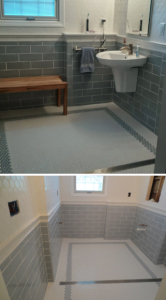 This bathroom featured Walker Zanger tile throughout, with linear drain. View one of several videos of this bathroom: https://www.youtube.com/watch?v=i7MMveaLPM8
