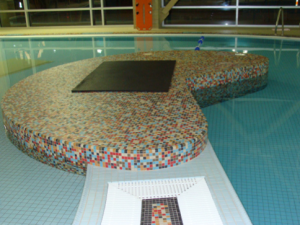 The 110,000 sq. ft. LEED®-Certified facility features large -format porcelain tile on its lobby floor, ceramic and porcelain tiles throughout the building, and porcelain mosaics in its pools, whirlpool and steam room.