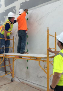 Mick Volponi’s Mechanical Lippage Tuning (MLT) System was used to prevent lippage in these enormous tiles.