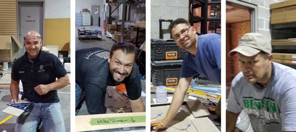 Manuel Eagan, and Kelly Krueger of Rainwood Interiors (owner); Brian Annoye, Jurassic Tile & Stone, Craig Harimon, Craig Harimon Tile Setters, all took the CTI test at Sunderland Brothers Company in Omaha, Neb., in August.