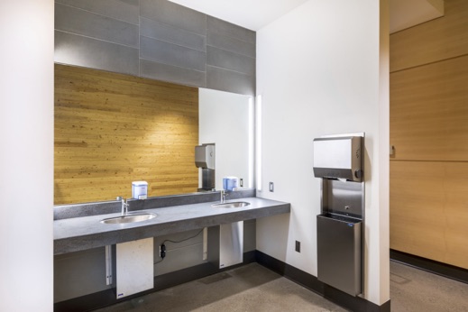 MAPEI Ultralite Mortar was then used to install 12” x 24” custom concrete tiles on the walls in the bathrooms. The tiles were manufactured locally by Mondo Pietra Ltd. of Whitchurch-Stouffville, ON.